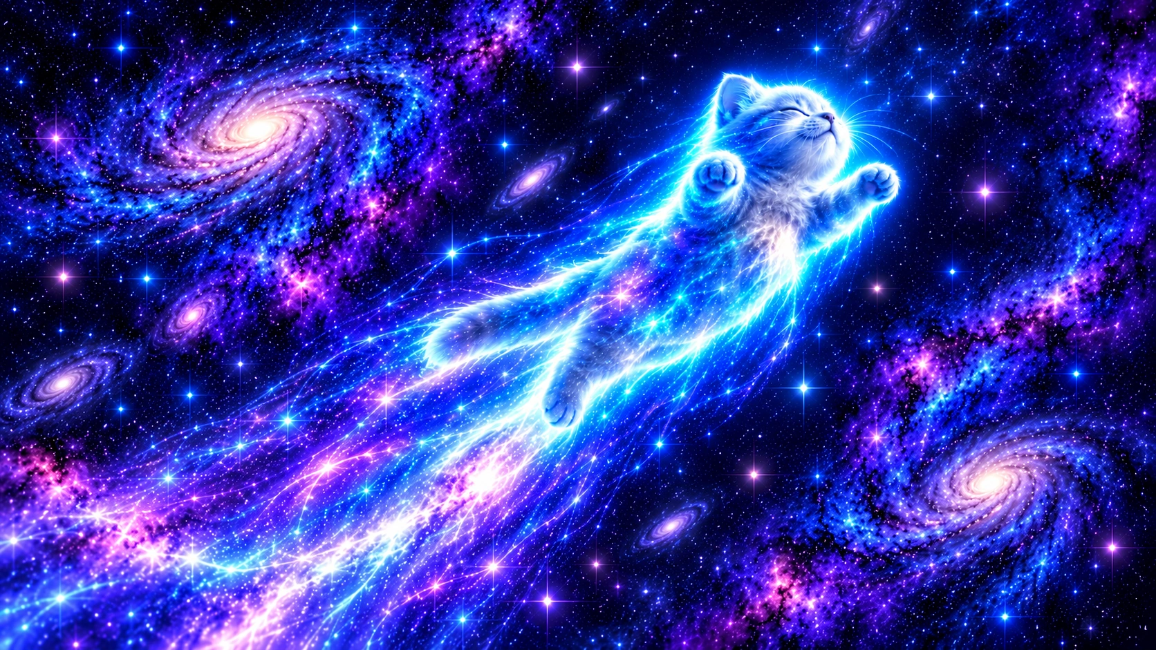 SOULCAT leaving the galaxy in a glowing astral form