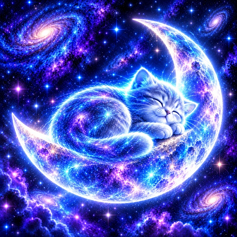 SOULCAT sleeping on a glowing moon